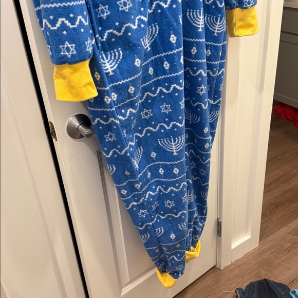 Tipsy Elves Blue and Yellow Hooded Onesie with Star and Menorah Pattern - Picture 2 of 7